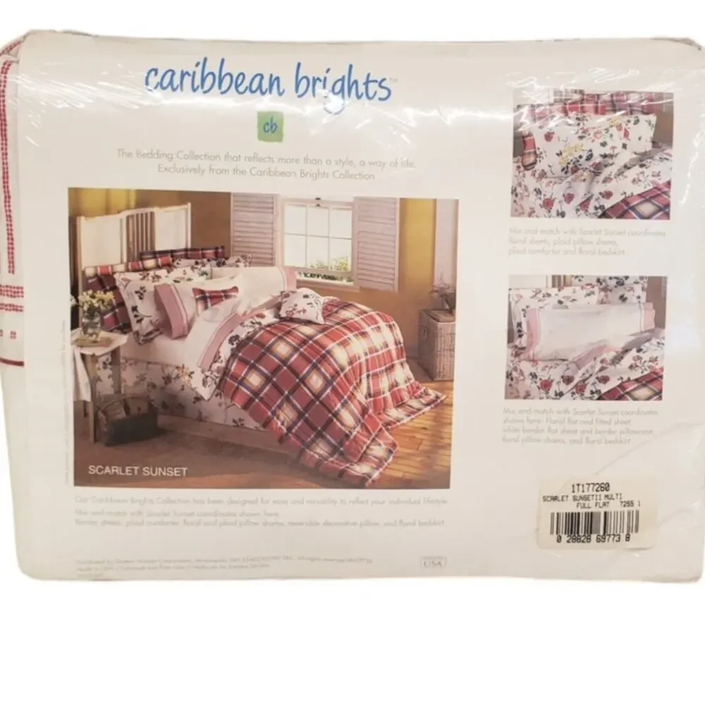 Caribbean Brights Scarlet Sunset Full Flat Sheet 200 Vintage 80s 90s Y2K NOS